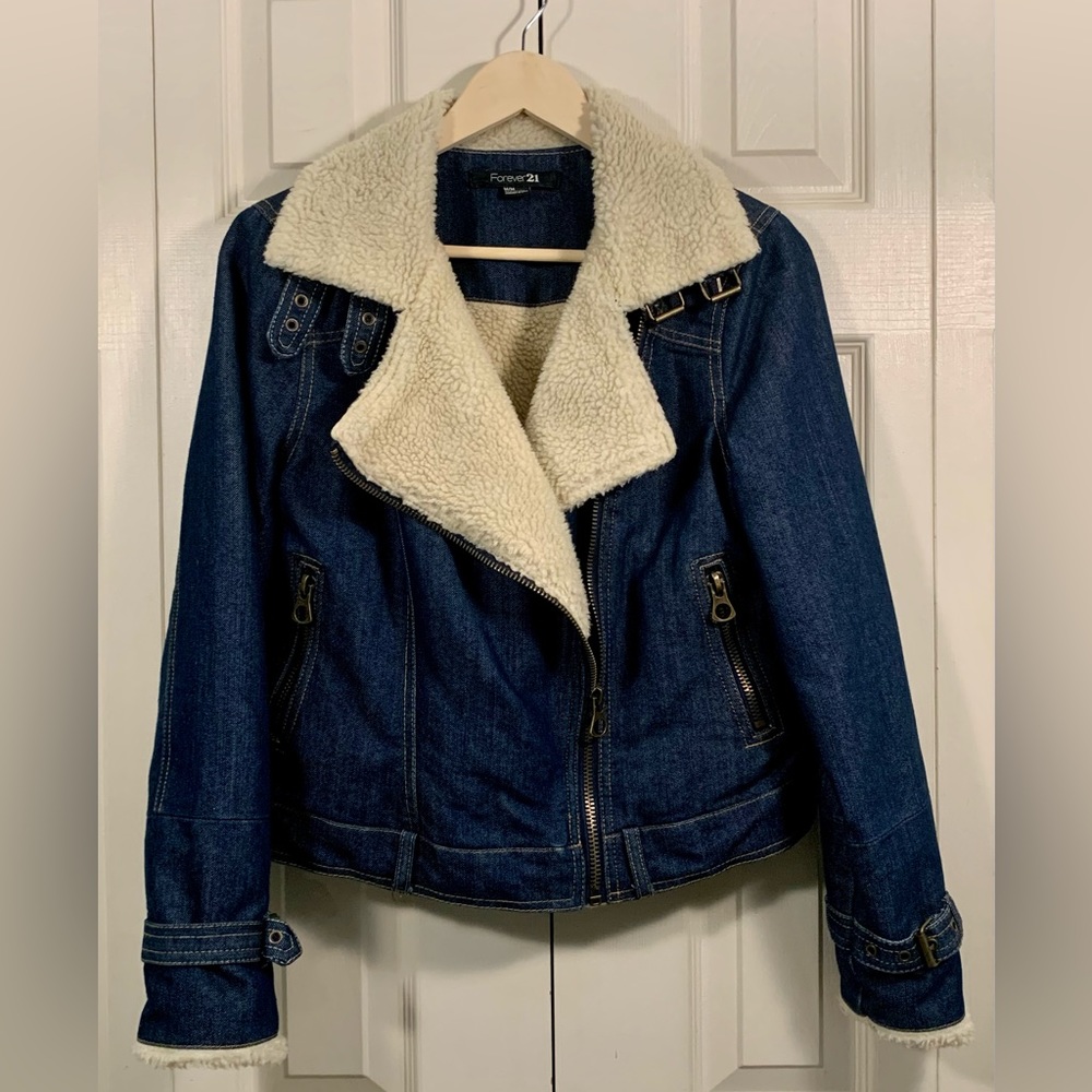 Vegan Shearling Dark Denim Moto Jacket - Picture 6 of 6